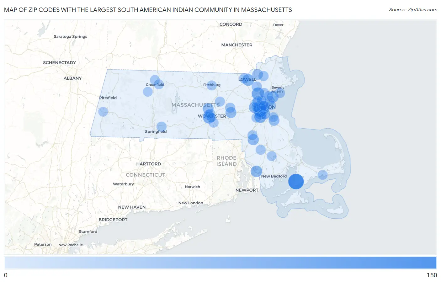 Zip Codes with the Largest South American Indian Community in Massachusetts Map