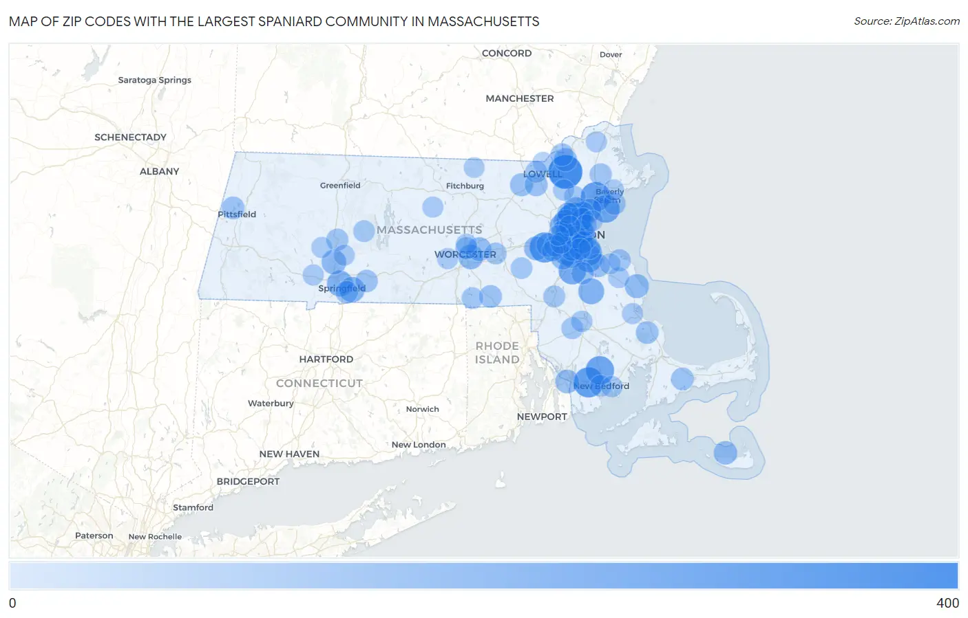 Zip Codes with the Largest Spaniard Community in Massachusetts Map