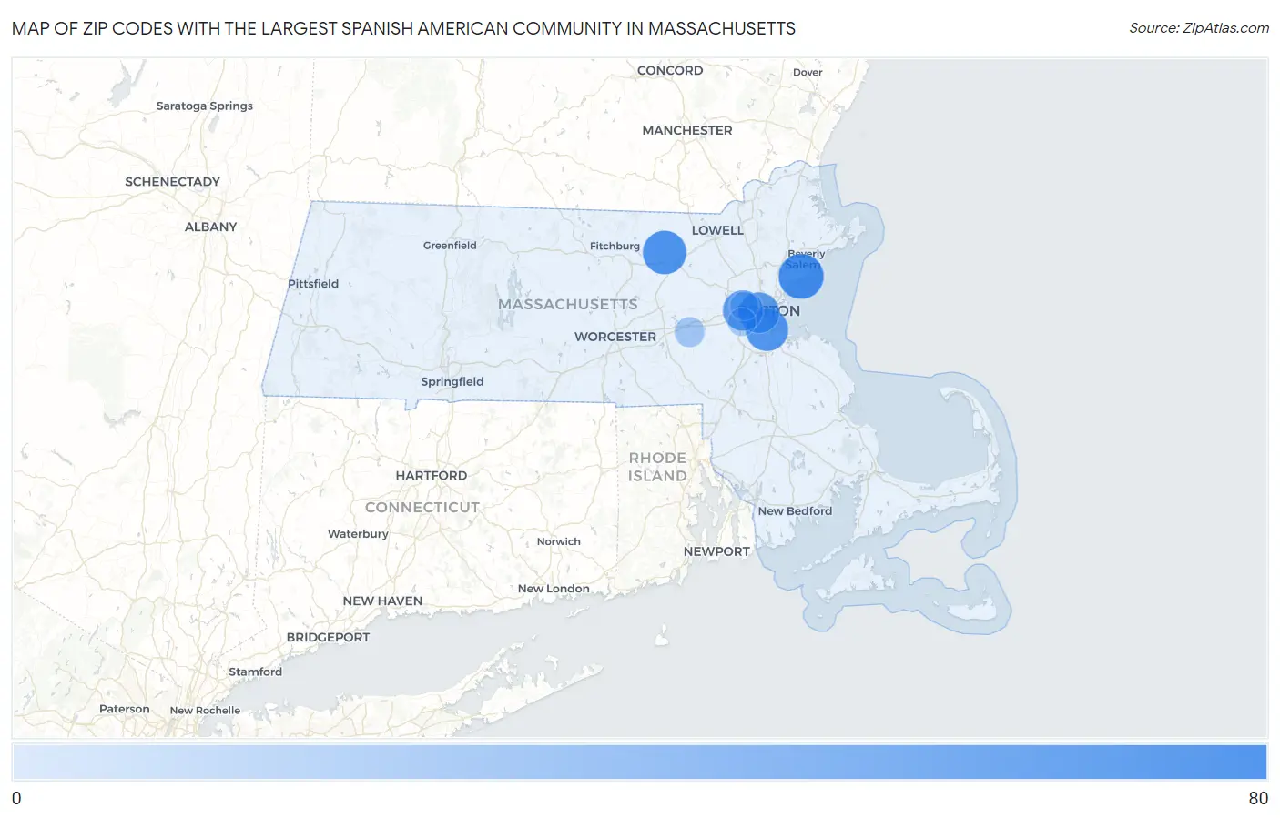 Zip Codes with the Largest Spanish American Community in Massachusetts Map