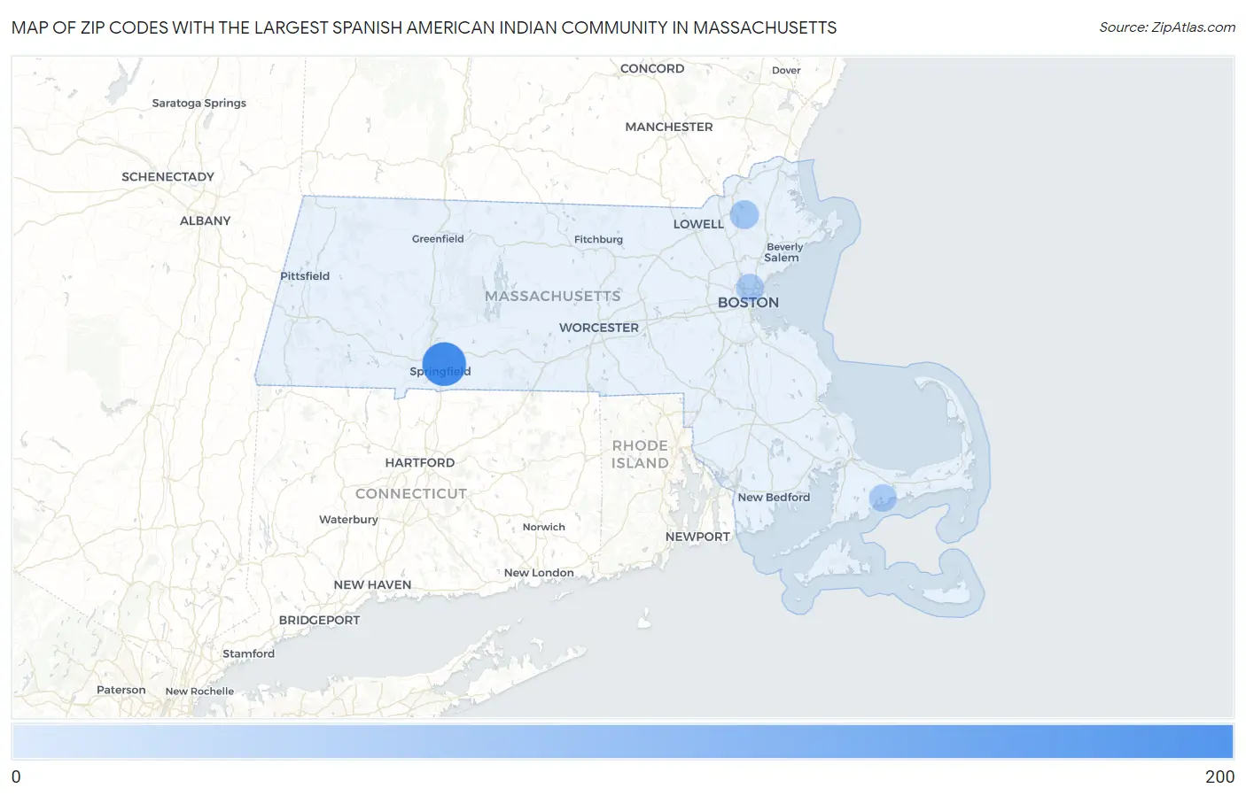 Zip Codes with the Largest Spanish American Indian Community in Massachusetts Map
