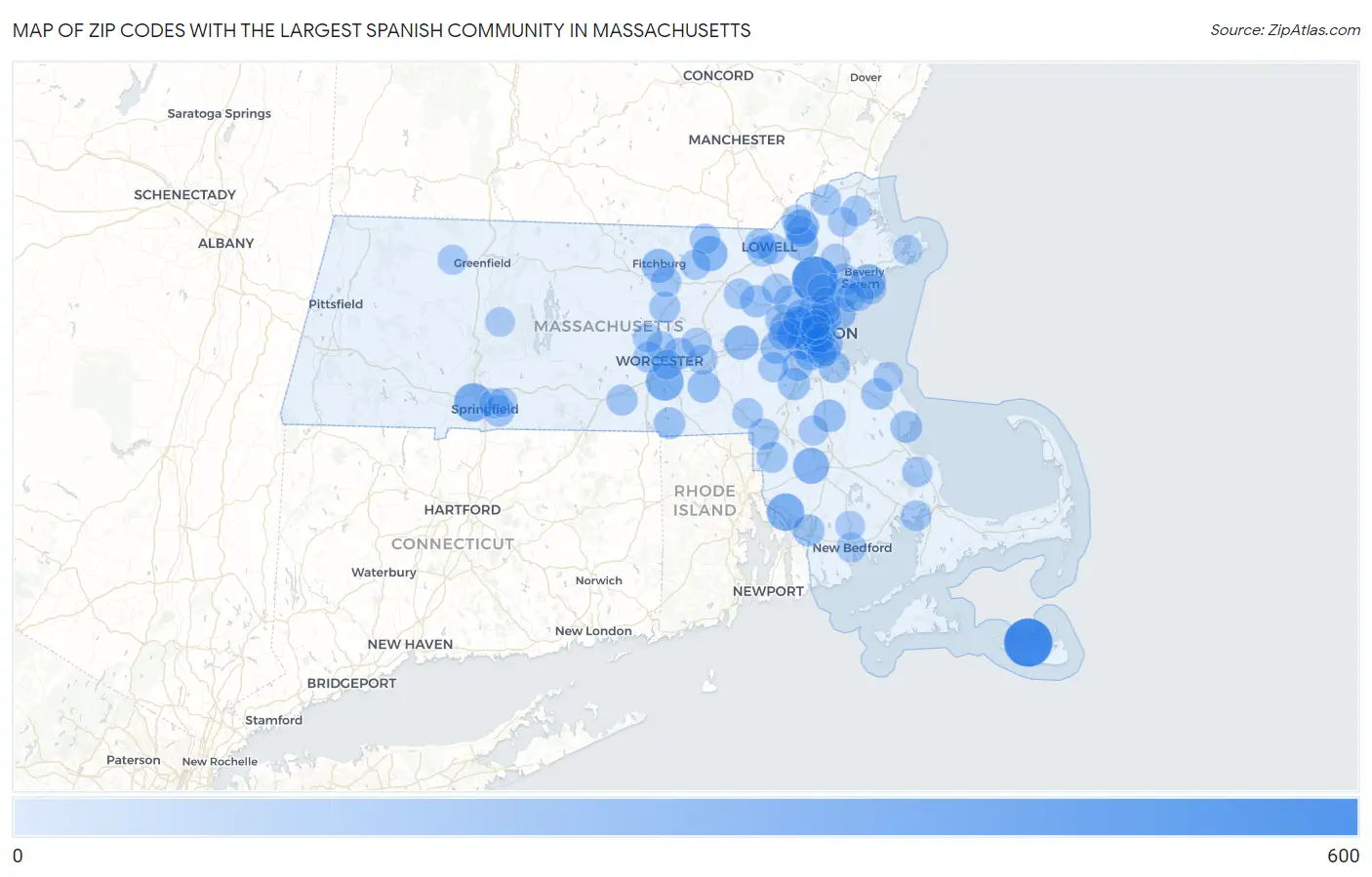 Zip Codes with the Largest Spanish Community in Massachusetts Map