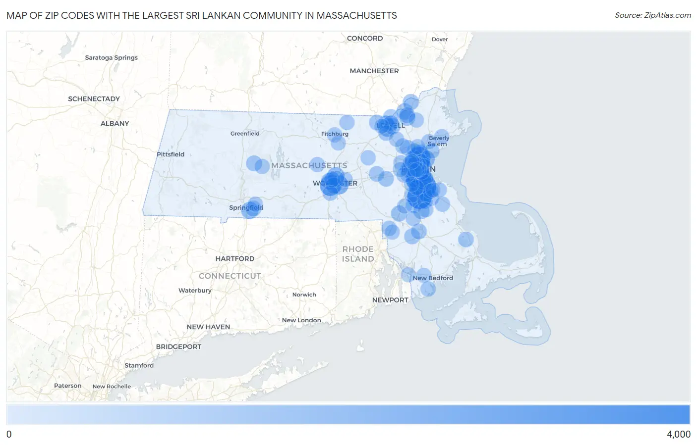 Zip Codes with the Largest Sri Lankan Community in Massachusetts Map