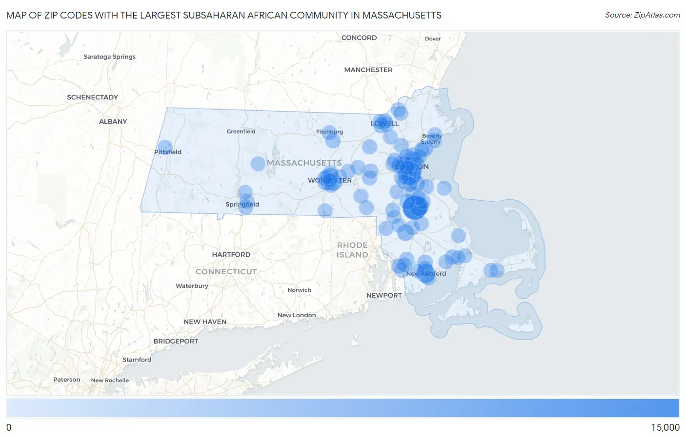 Zip Codes with the Largest Subsaharan African Community in Massachusetts Map
