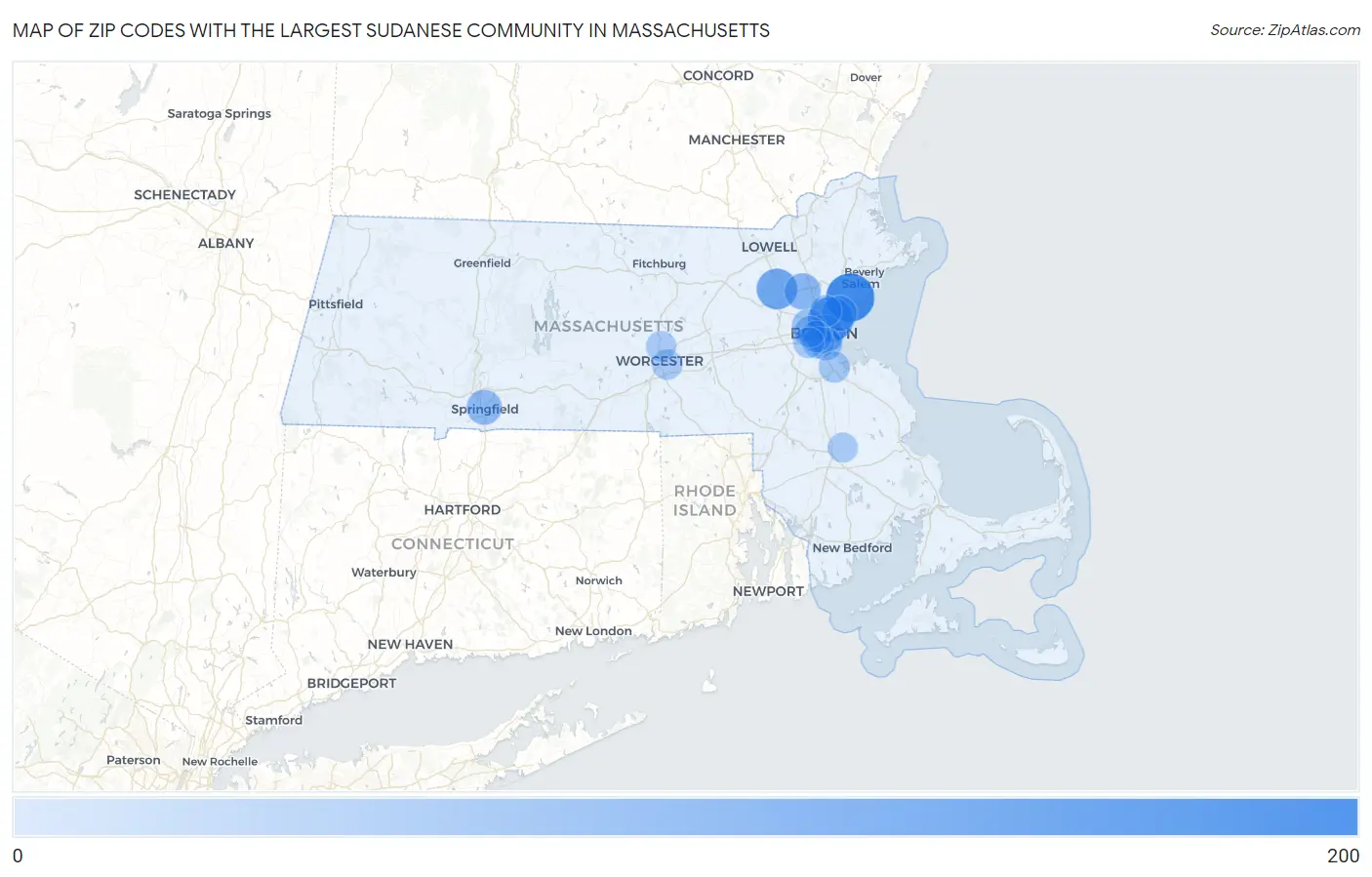 Zip Codes with the Largest Sudanese Community in Massachusetts Map