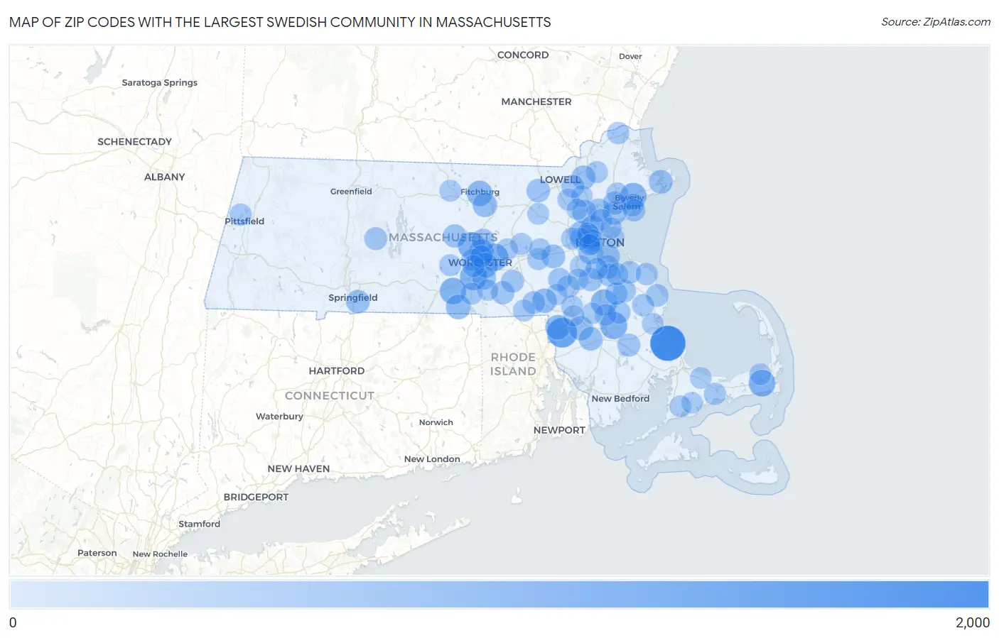 Zip Codes with the Largest Swedish Community in Massachusetts Map