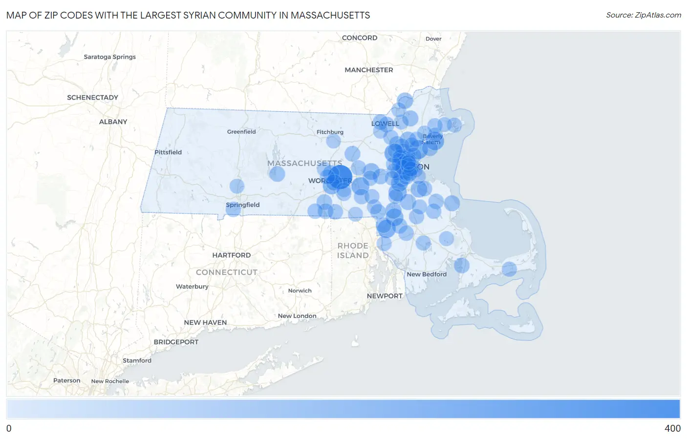 Zip Codes with the Largest Syrian Community in Massachusetts Map