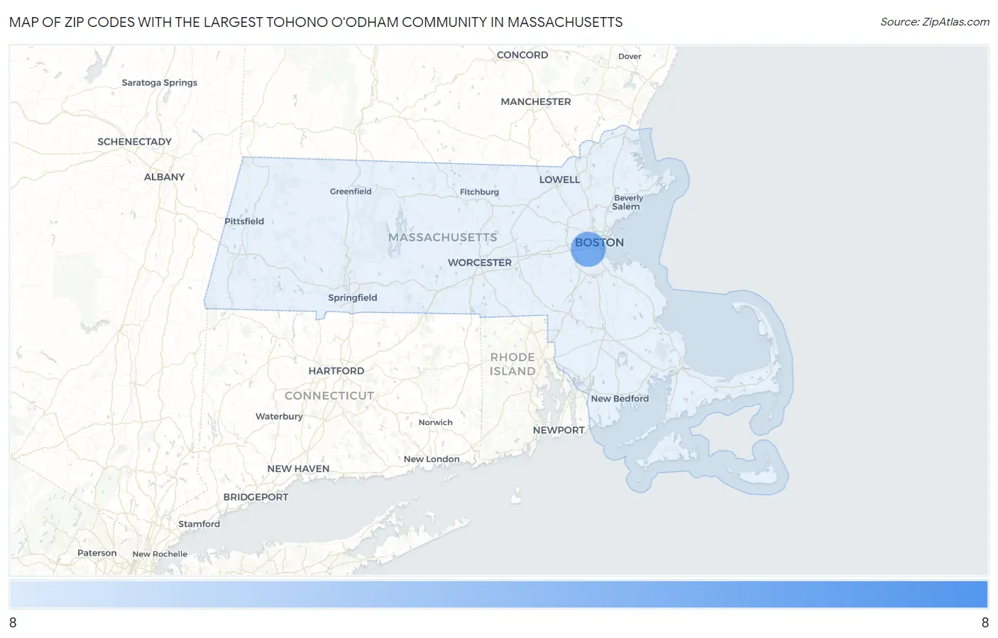 Zip Codes with the Largest Tohono O'Odham Community in Massachusetts Map