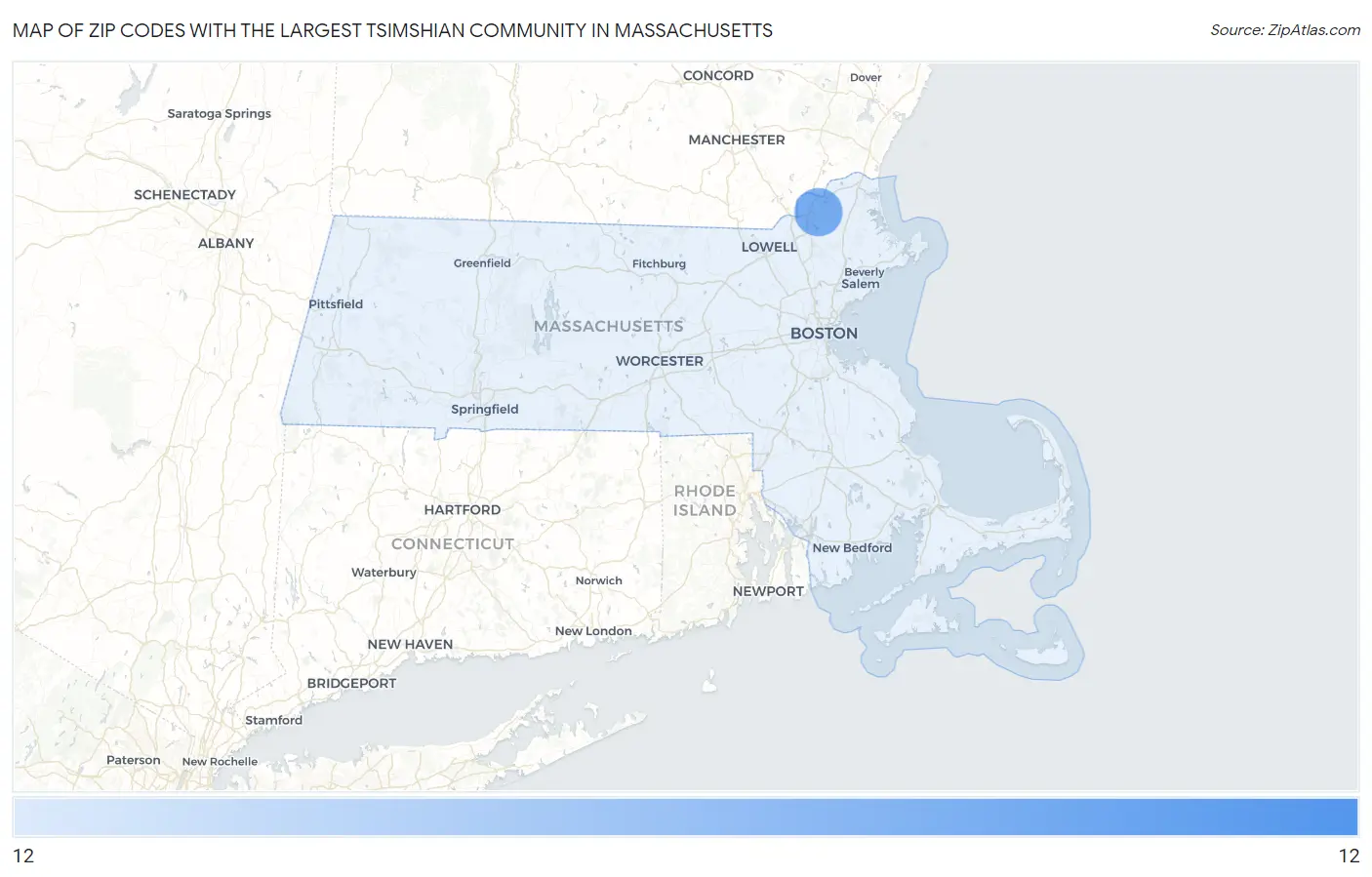 Zip Codes with the Largest Tsimshian Community in Massachusetts Map