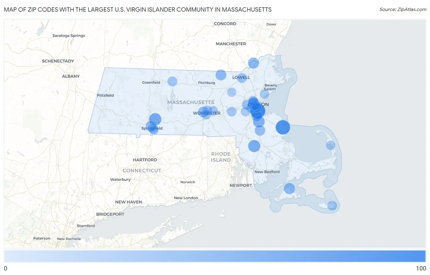 Zip Codes with the Largest U.S. Virgin Islander Community in Massachusetts Map