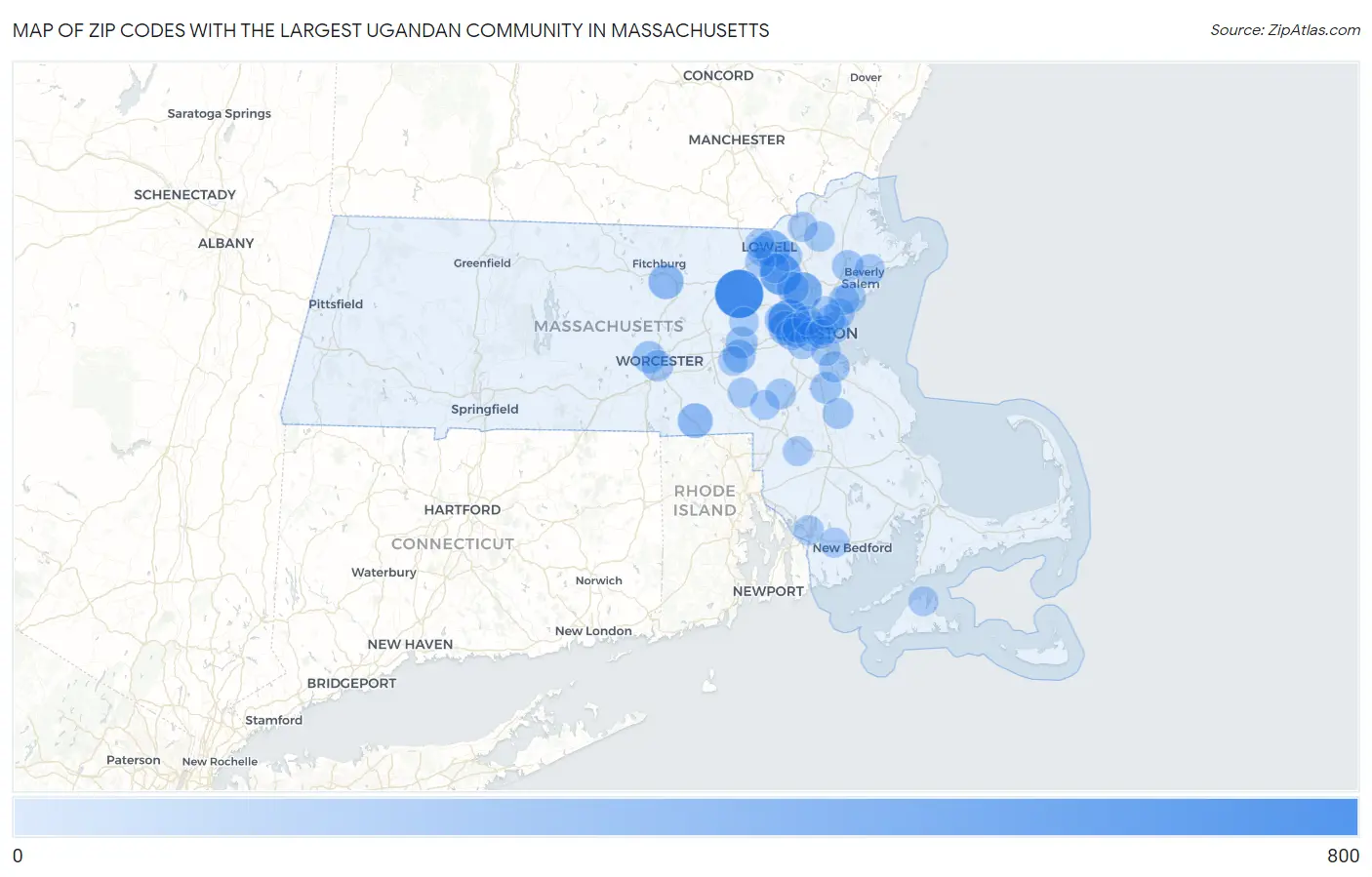 Zip Codes with the Largest Ugandan Community in Massachusetts Map