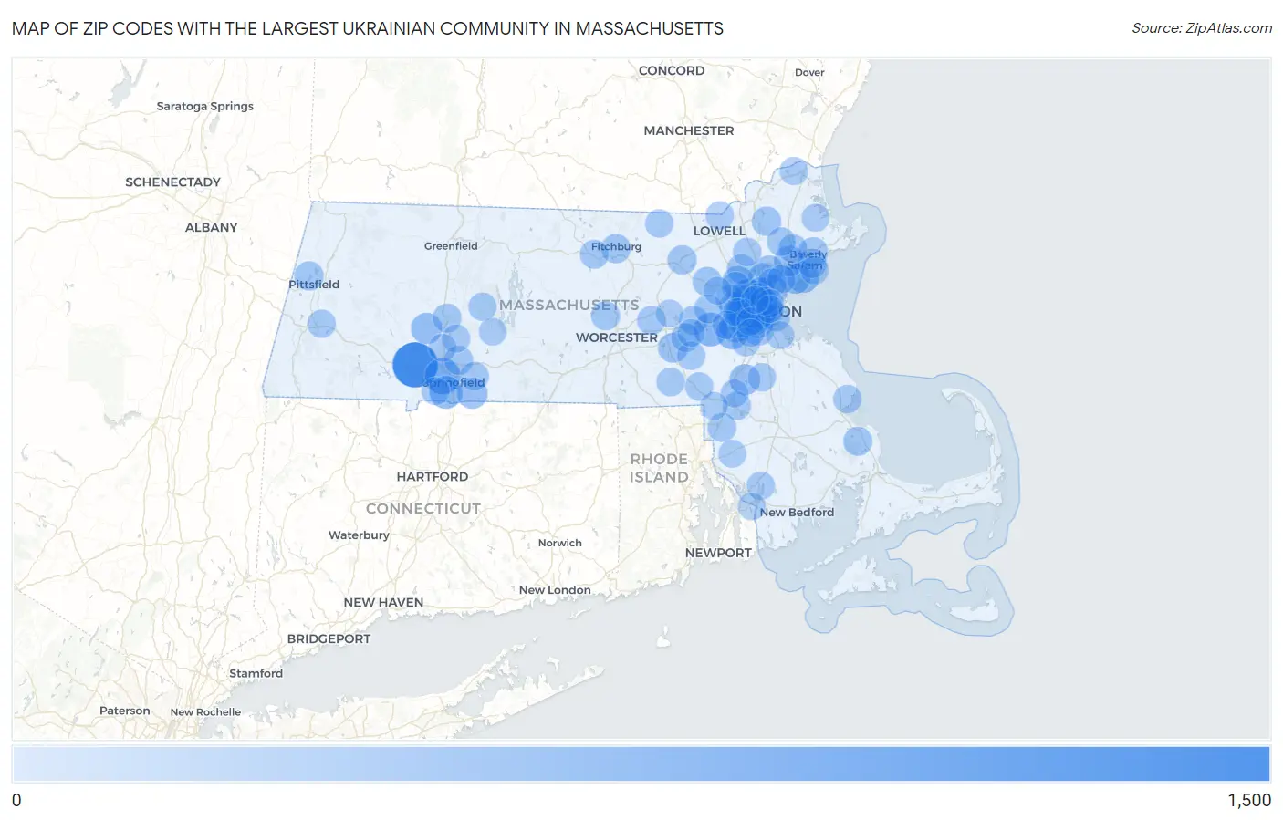 Zip Codes with the Largest Ukrainian Community in Massachusetts Map
