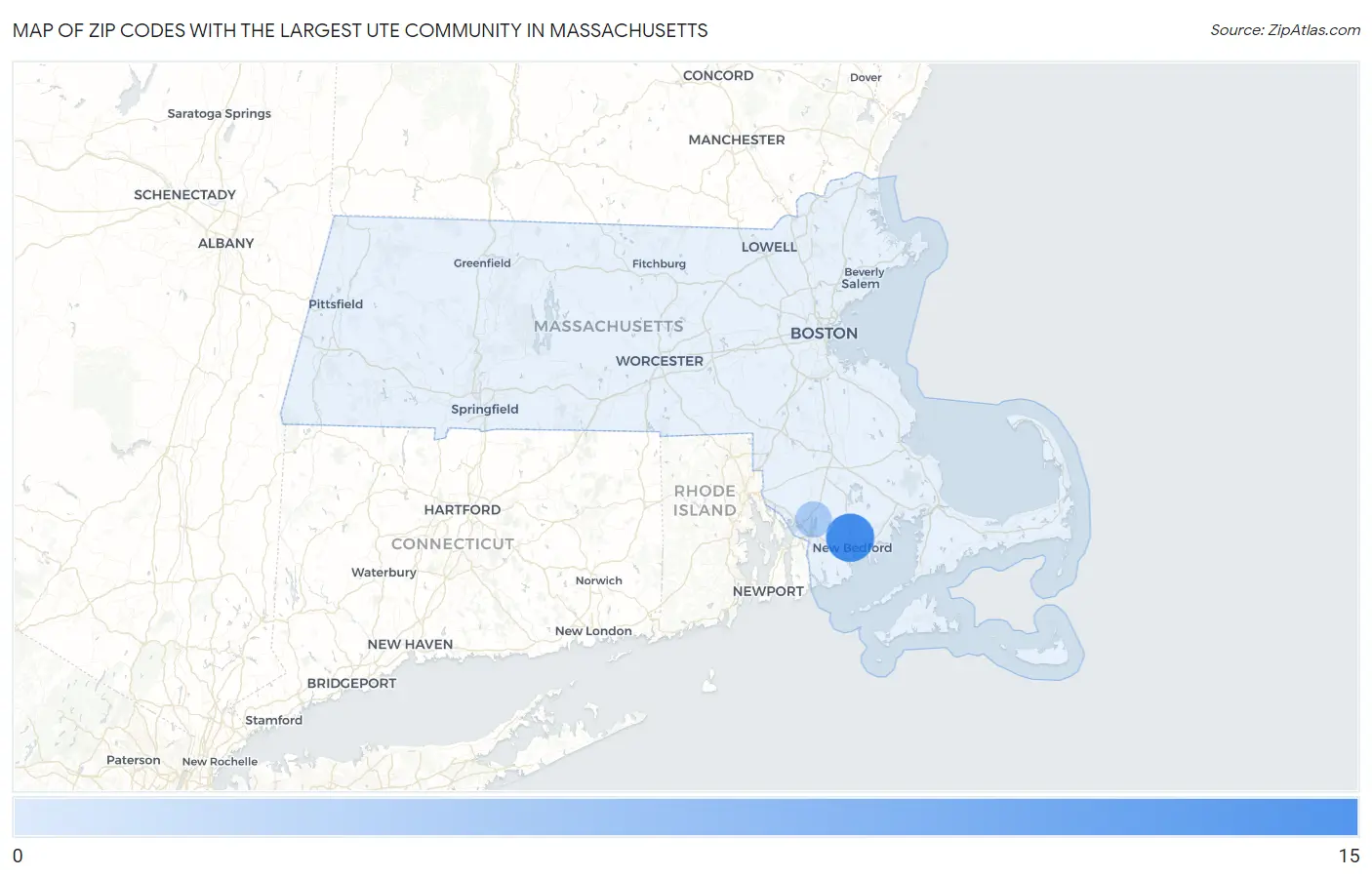 Zip Codes with the Largest Ute Community in Massachusetts Map