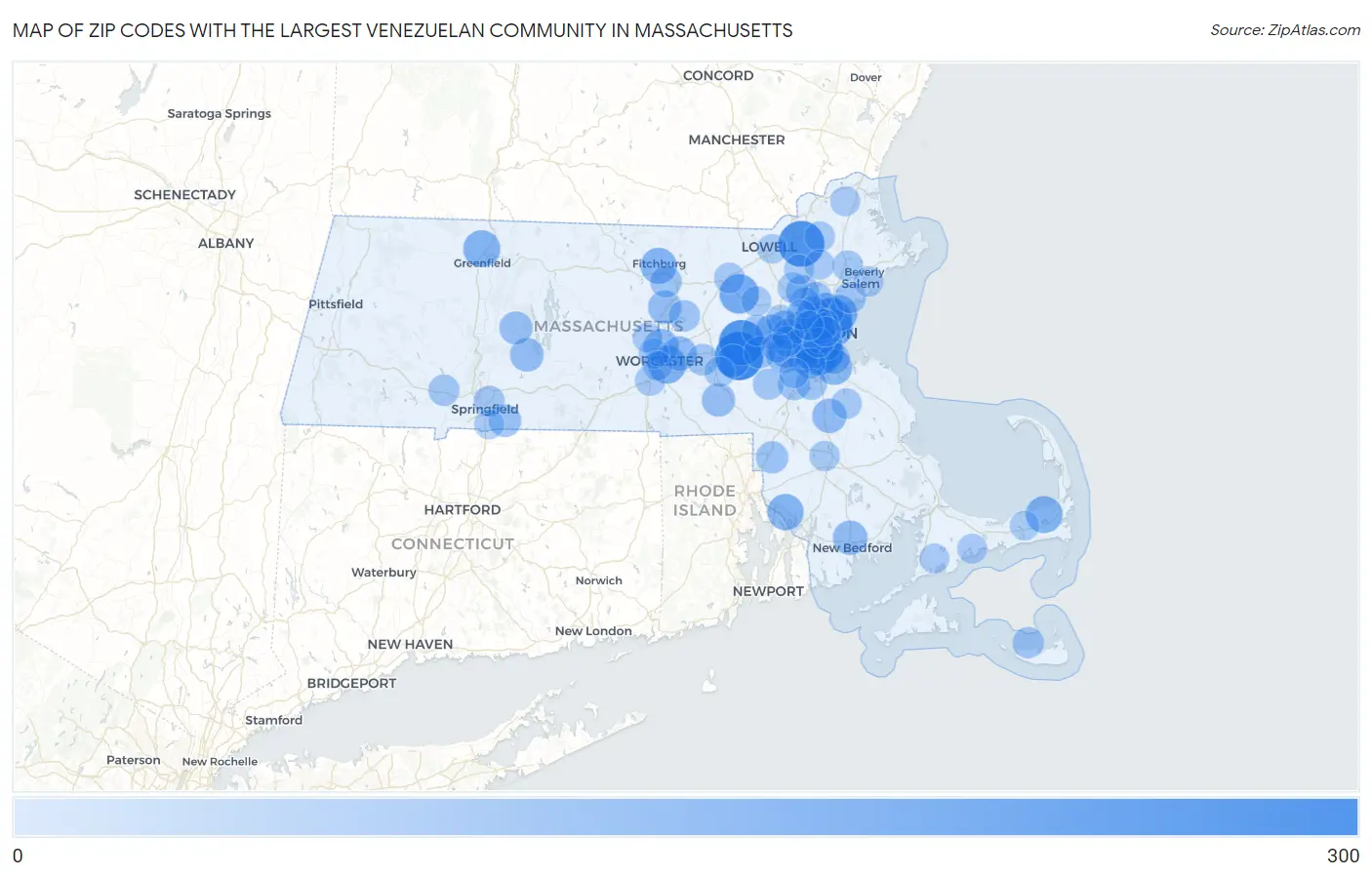 Zip Codes with the Largest Venezuelan Community in Massachusetts Map