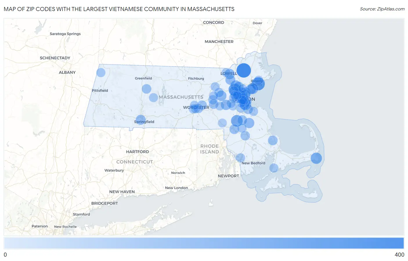 Zip Codes with the Largest Vietnamese Community in Massachusetts Map