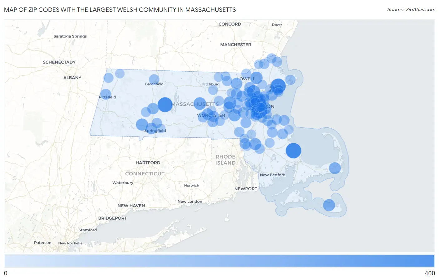 Zip Codes with the Largest Welsh Community in Massachusetts Map