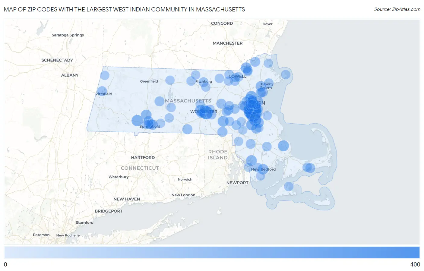 Zip Codes with the Largest West Indian Community in Massachusetts Map