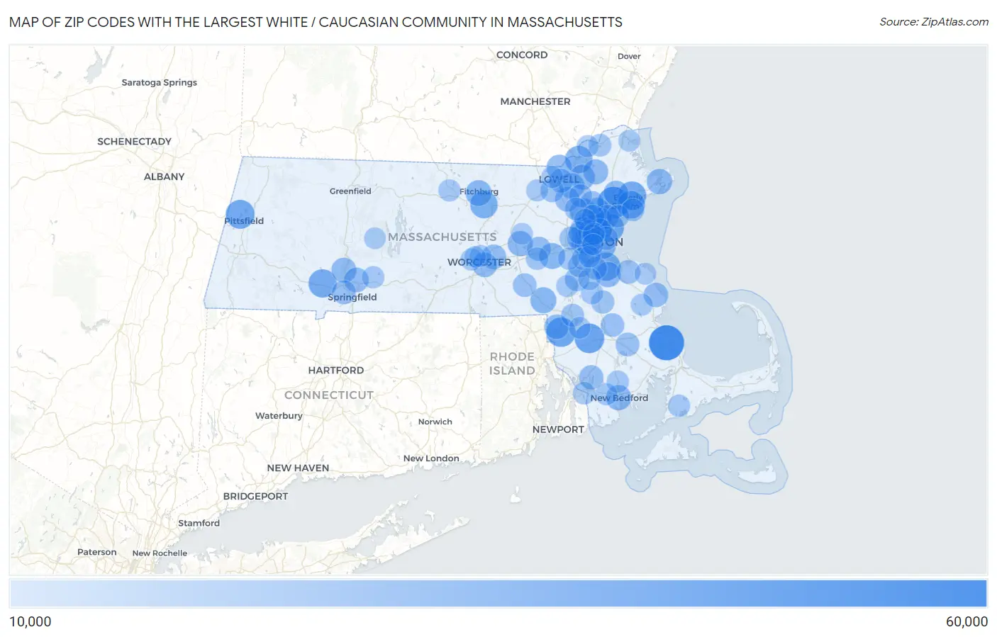Zip Codes with the Largest White / Caucasian Community in Massachusetts Map