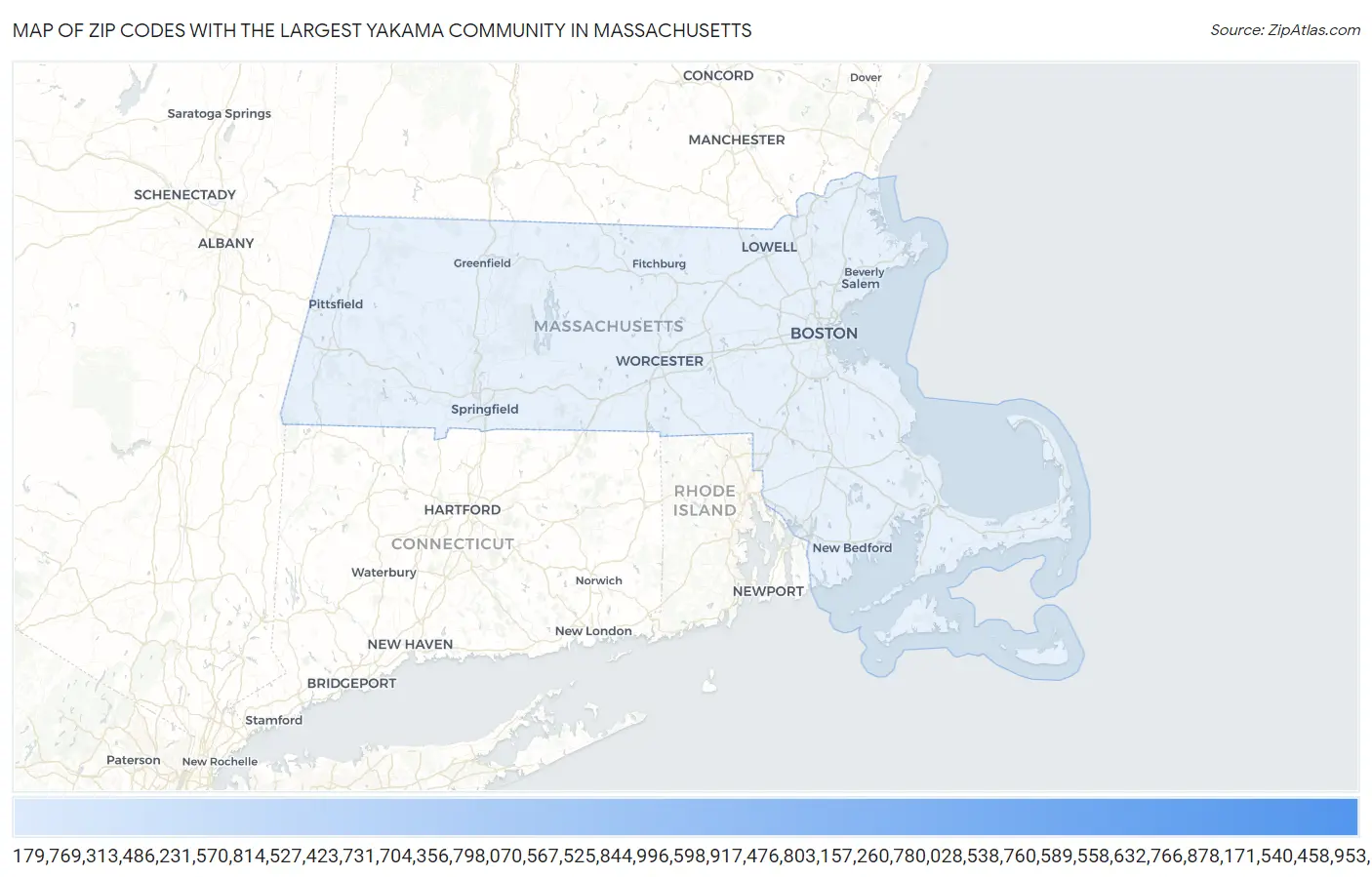 Zip Codes with the Largest Yakama Community in Massachusetts Map