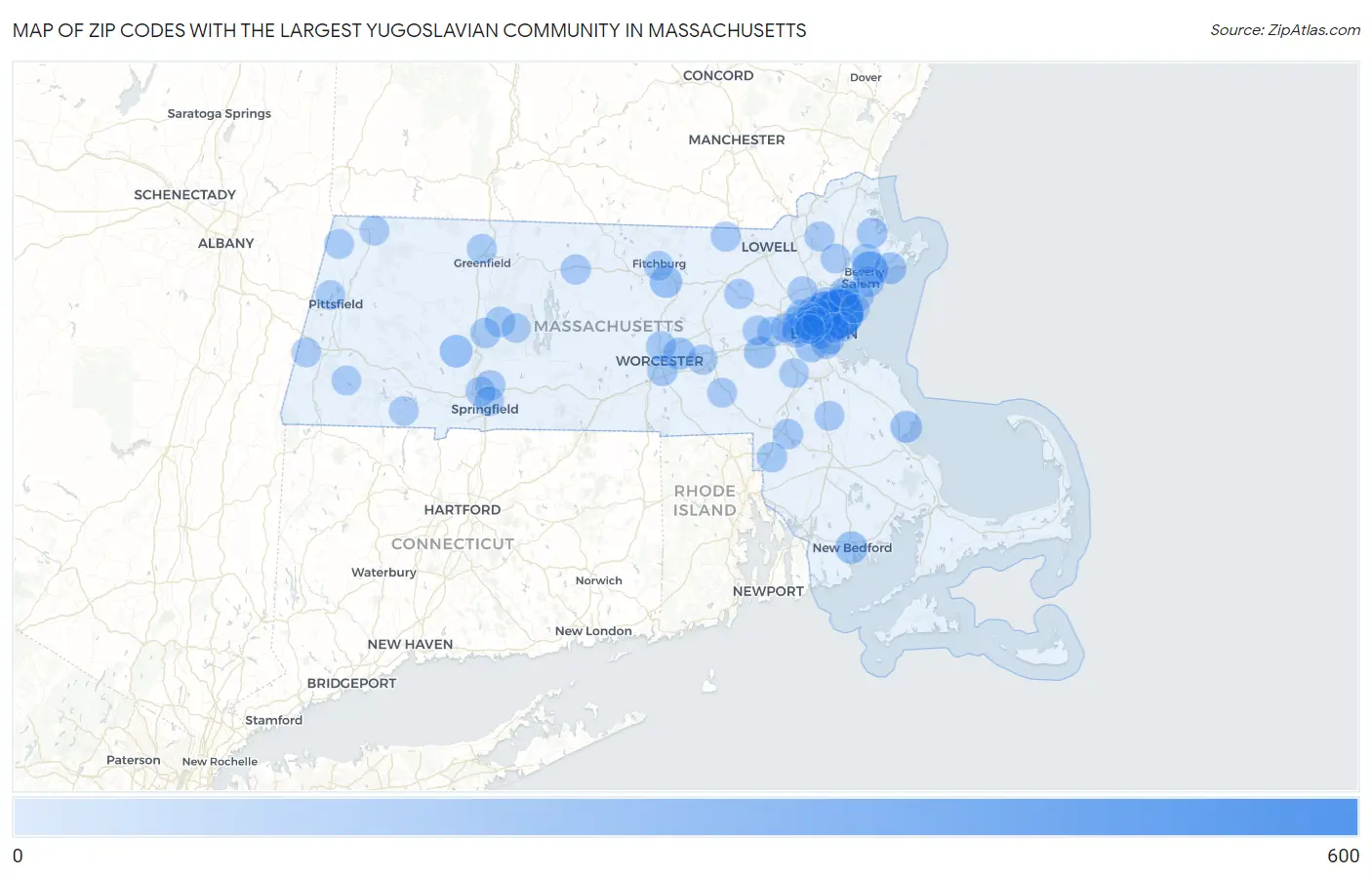 Zip Codes with the Largest Yugoslavian Community in Massachusetts Map