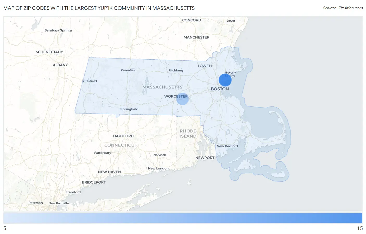 Zip Codes with the Largest Yup'ik Community in Massachusetts Map