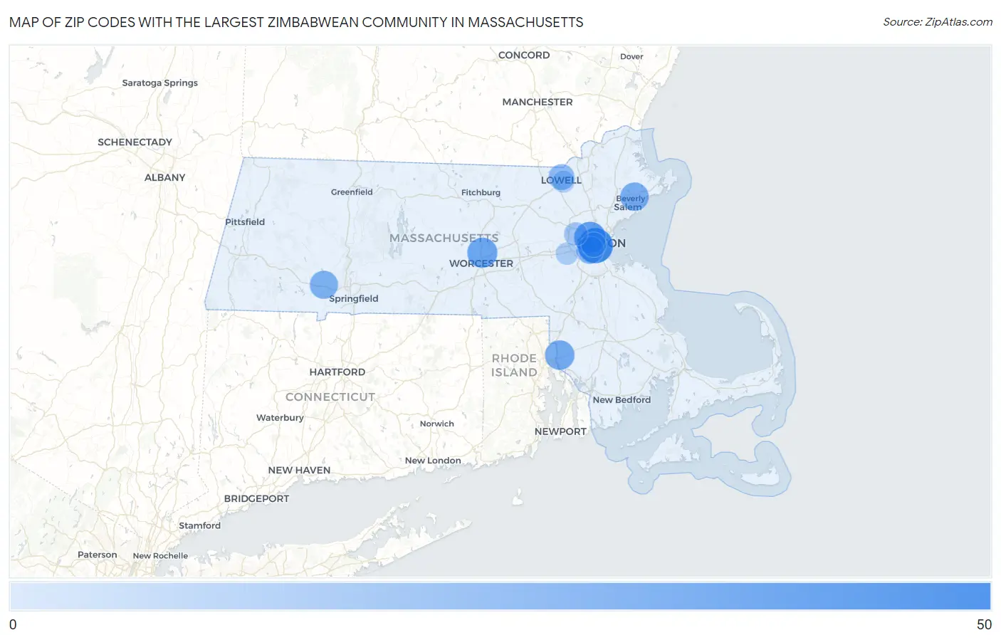 Zip Codes with the Largest Zimbabwean Community in Massachusetts Map