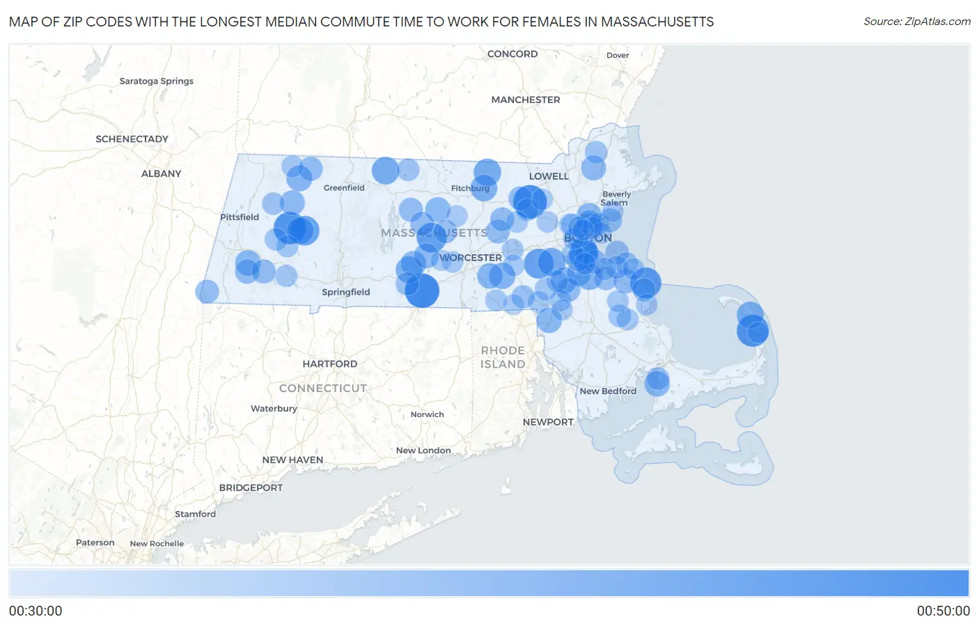 Zip Codes with the Longest Median Commute Time to Work for Females in Massachusetts Map