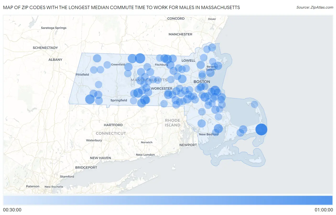 Zip Codes with the Longest Median Commute Time to Work for Males in Massachusetts Map