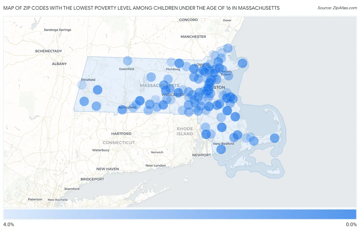 Zip Codes with the Lowest Poverty Level Among Children Under the Age of 16 in Massachusetts Map