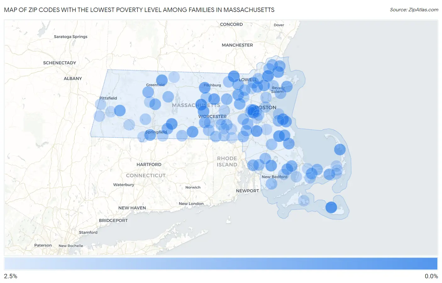 Zip Codes with the Lowest Poverty Level Among Families in Massachusetts Map