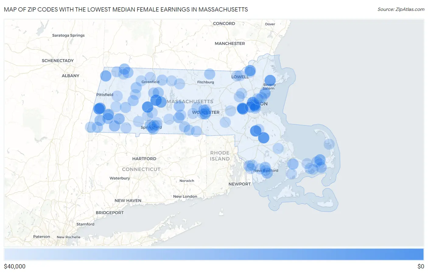 Zip Codes with the Lowest Median Female Earnings in Massachusetts Map