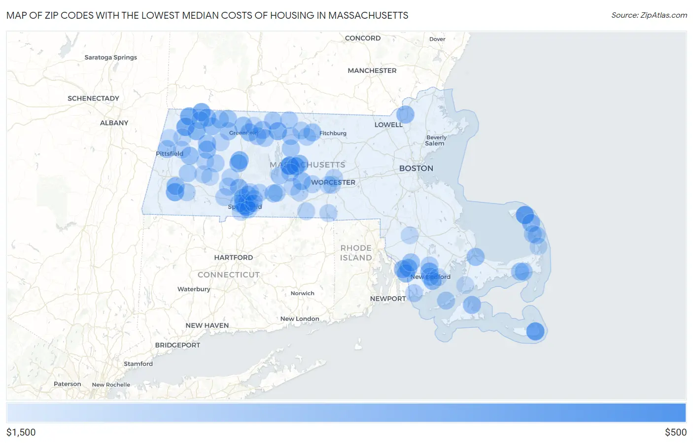 Zip Codes with the Lowest Median Costs of Housing in Massachusetts Map