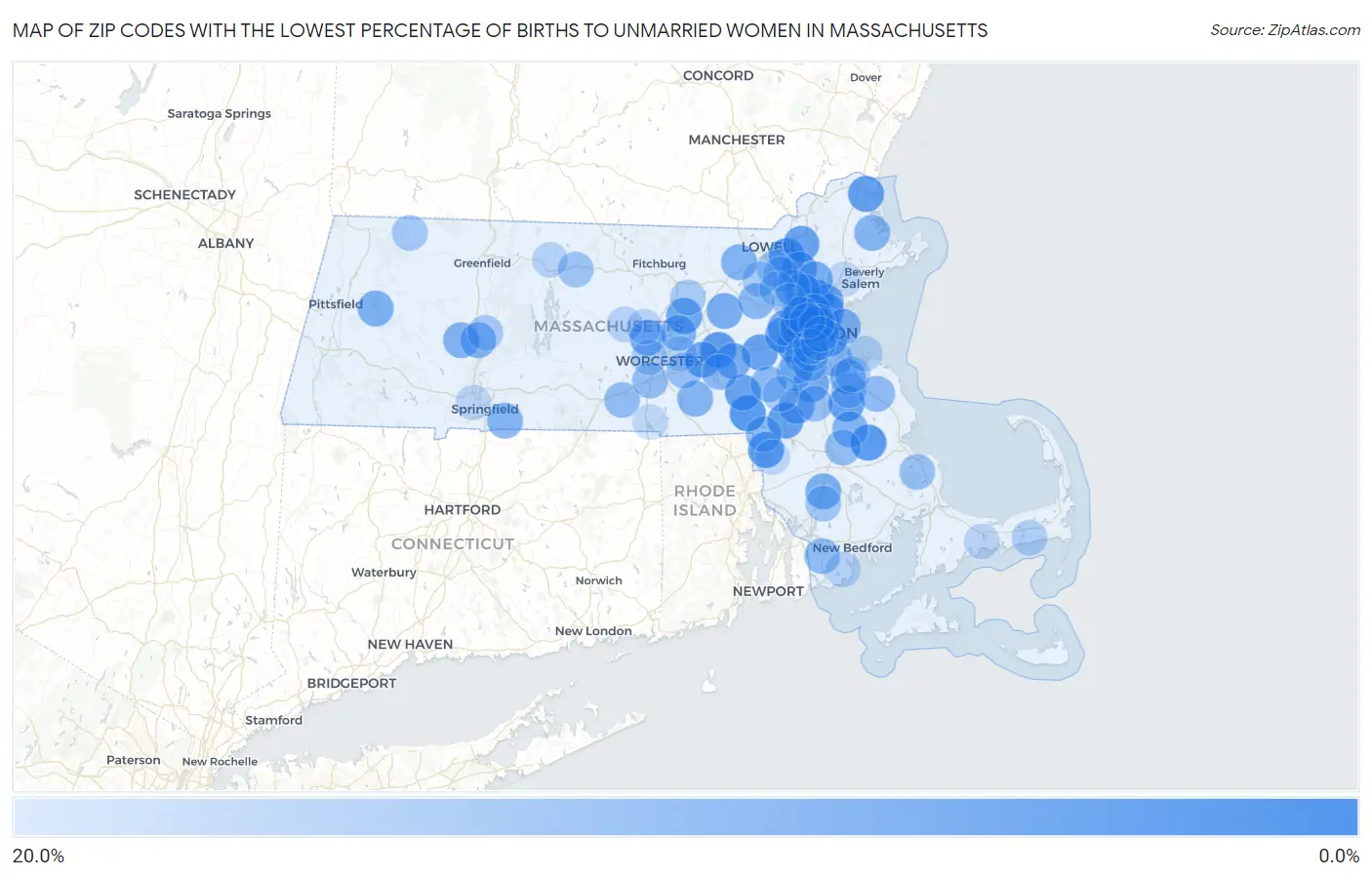 Zip Codes with the Lowest Percentage of Births to Unmarried Women in Massachusetts Map