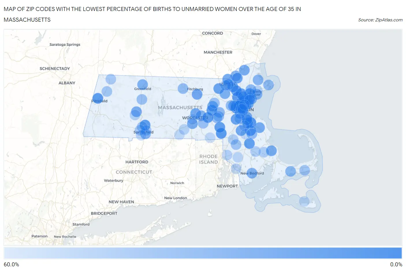 Zip Codes with the Lowest Percentage of Births to Unmarried Women over the Age of 35 in Massachusetts Map