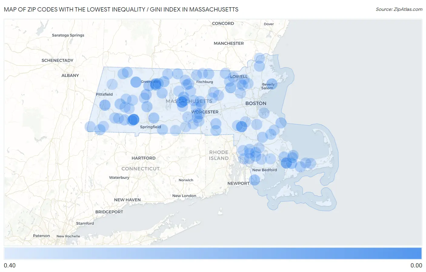 Zip Codes with the Lowest Inequality / Gini Index in Massachusetts Map