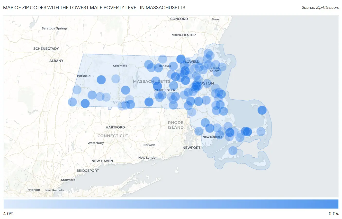 Zip Codes with the Lowest Male Poverty Level in Massachusetts Map