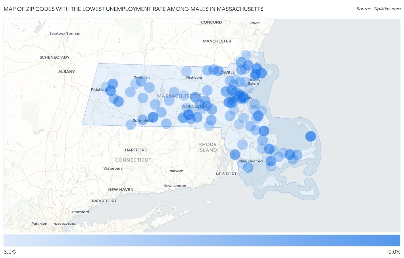 Zip Codes with the Lowest Unemployment Rate Among Males in Massachusetts Map