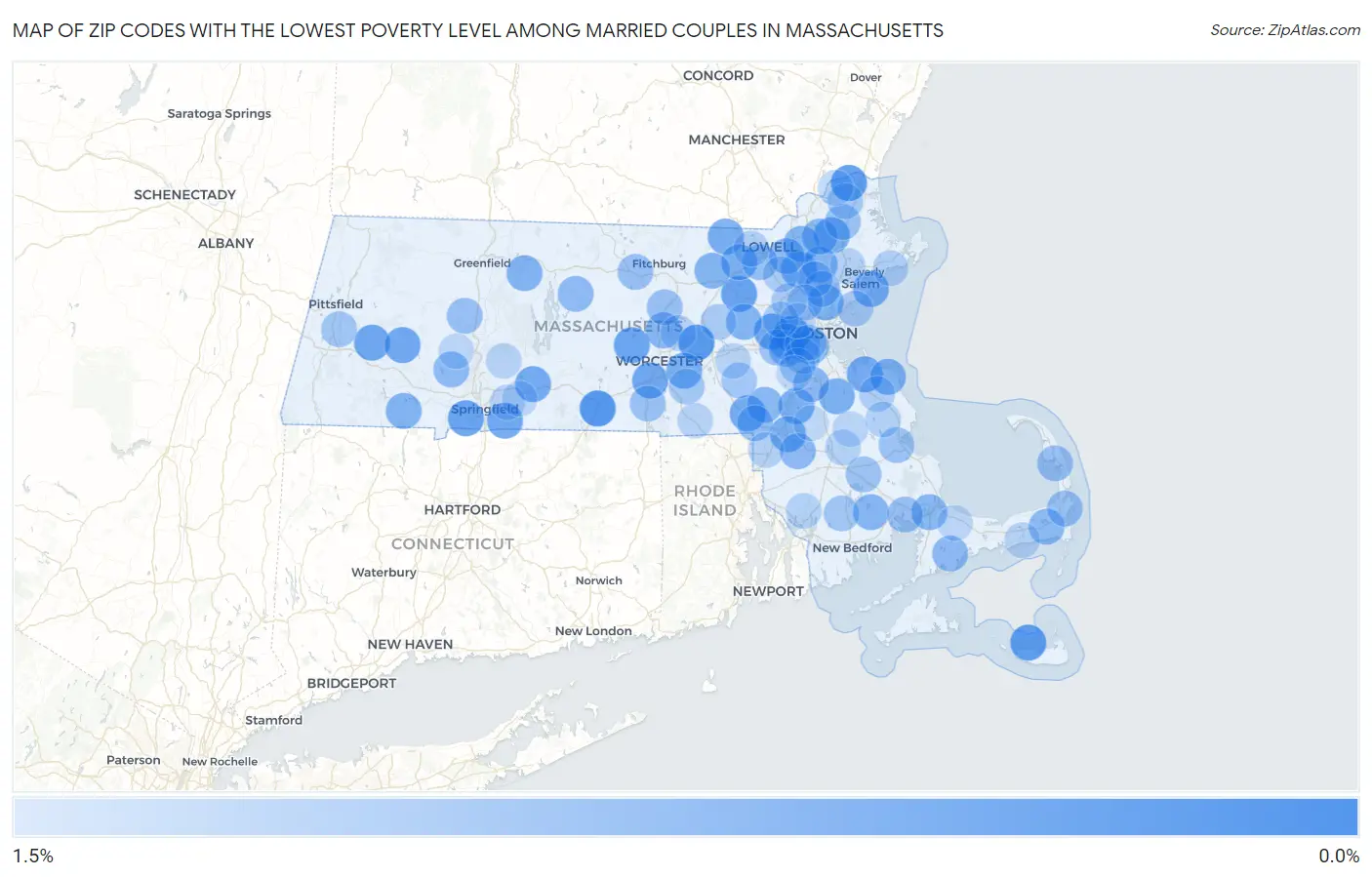 Zip Codes with the Lowest Poverty Level Among Married Couples in Massachusetts Map