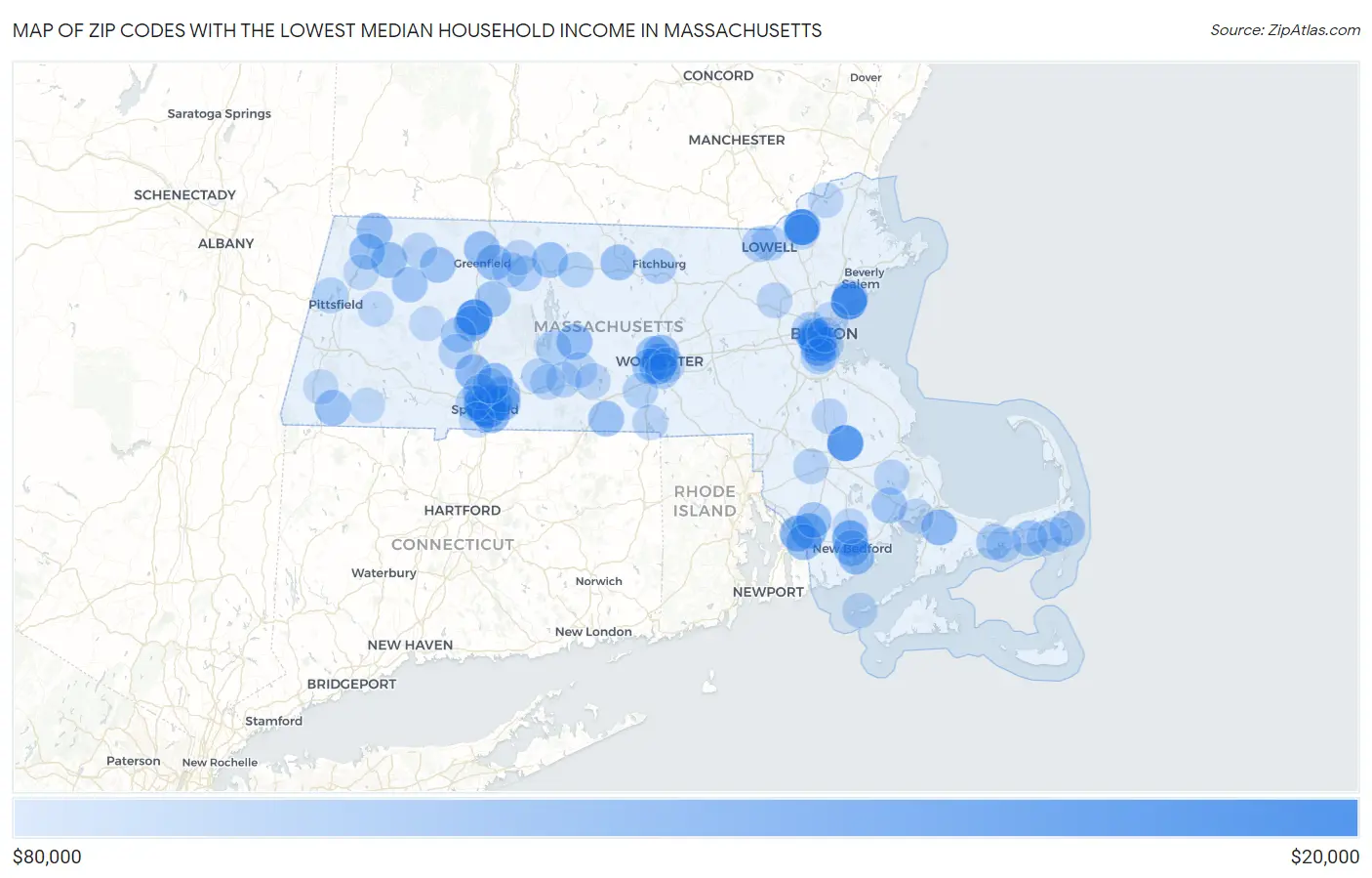 Zip Codes with the Lowest Median Household Income in Massachusetts Map