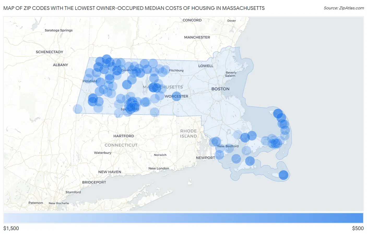 Zip Codes with the Lowest Owner-Occupied Median Costs of Housing in Massachusetts Map