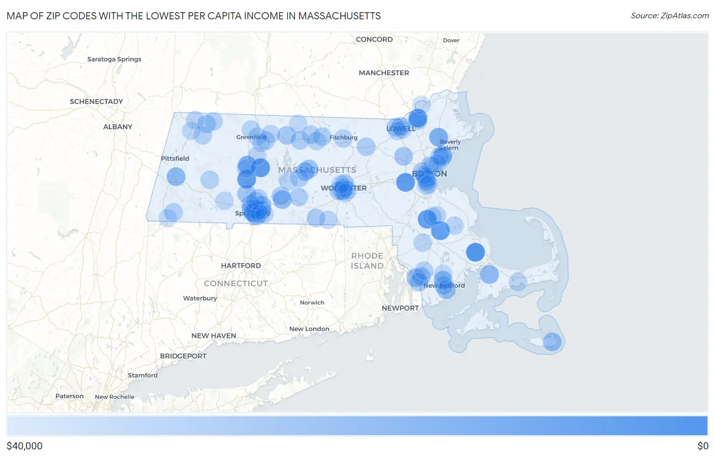 Zip Codes with the Lowest Per Capita Income in Massachusetts Map