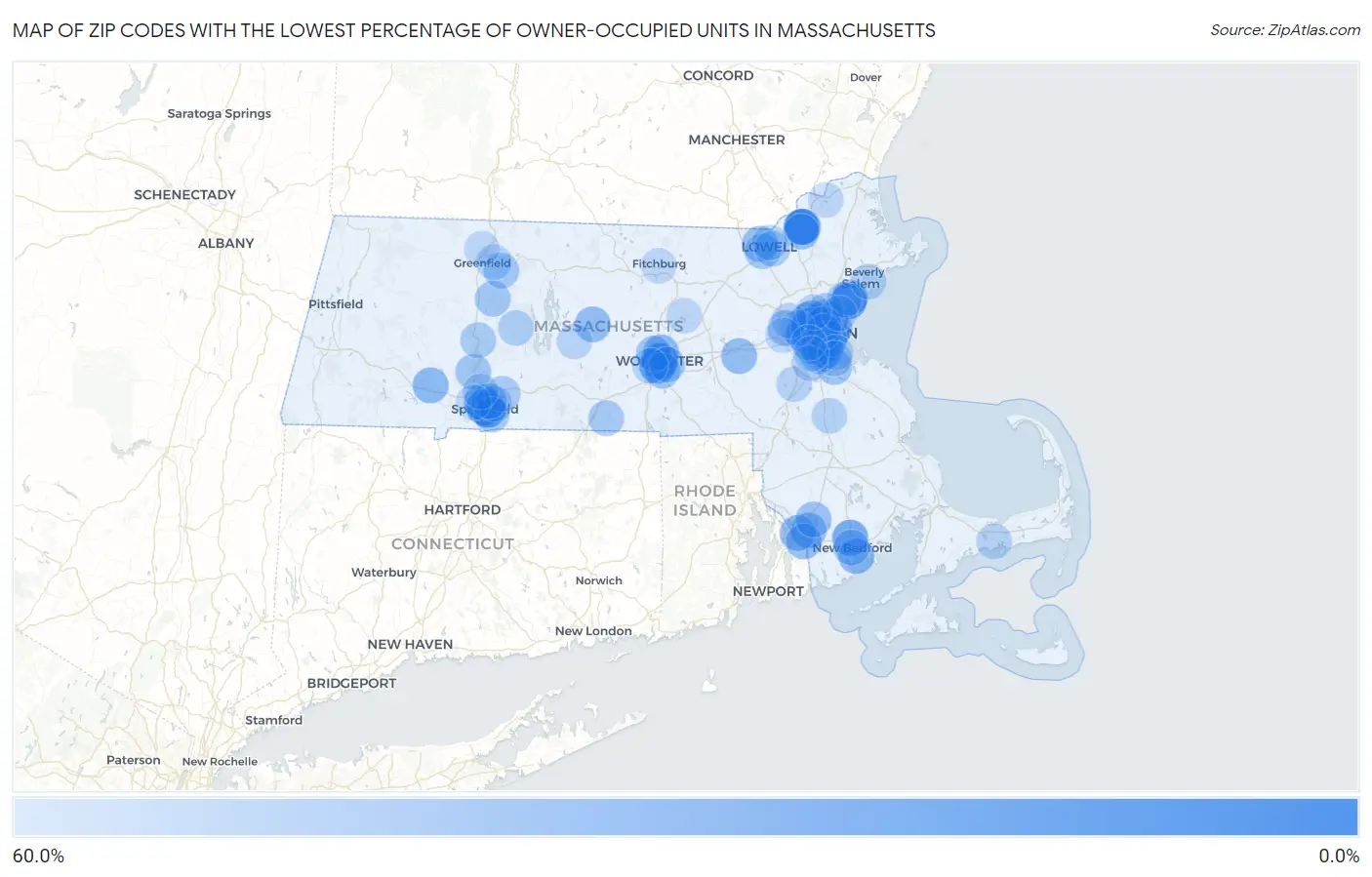 Zip Codes with the Lowest Percentage of Owner-Occupied Units in Massachusetts Map
