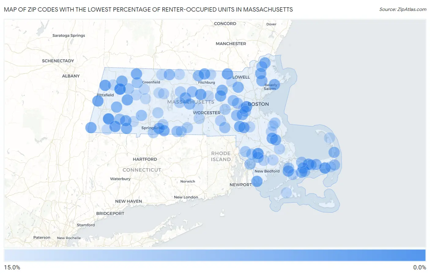 Zip Codes with the Lowest Percentage of Renter-Occupied Units in Massachusetts Map