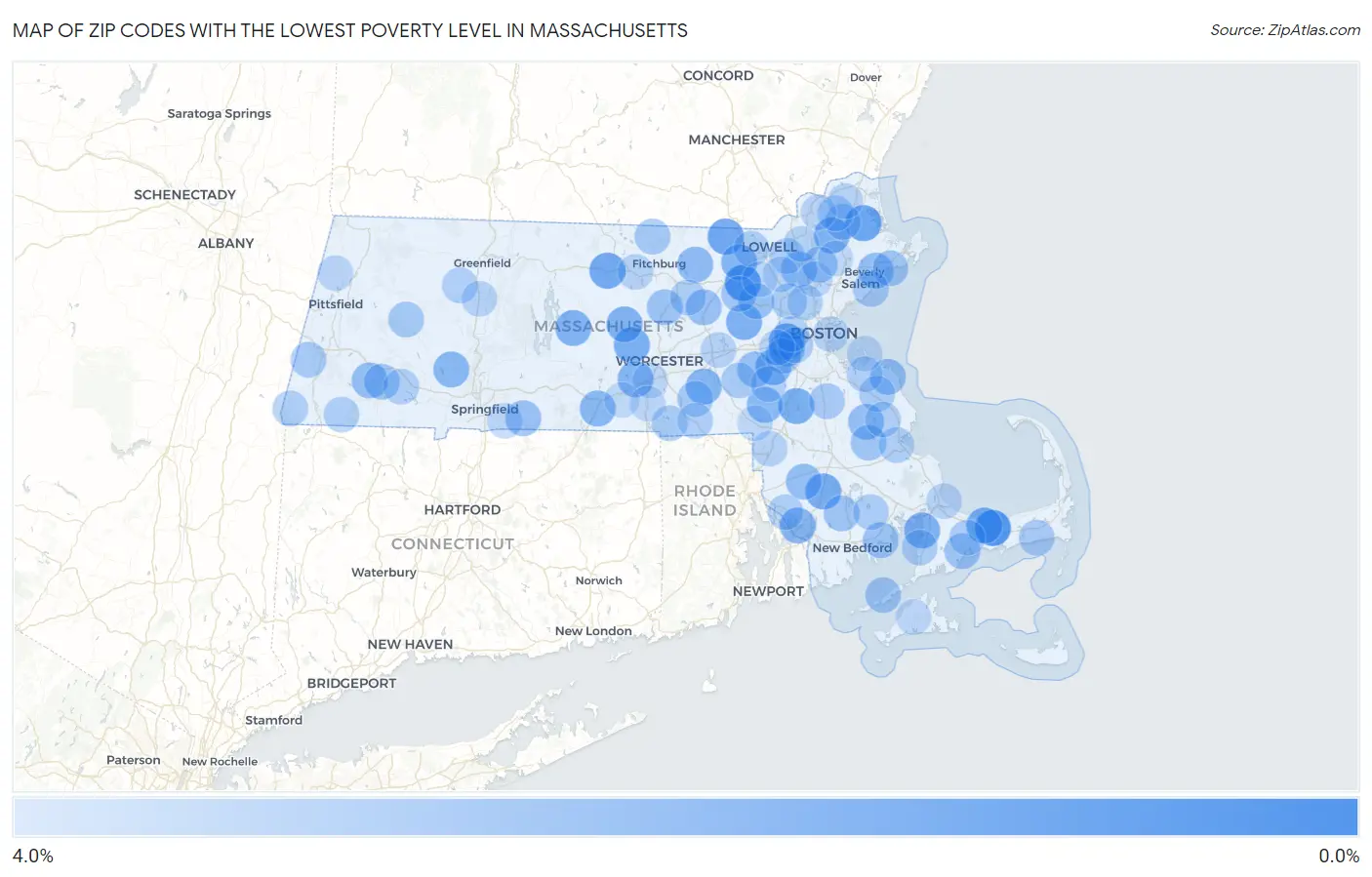 Zip Codes with the Lowest Poverty Level in Massachusetts Map