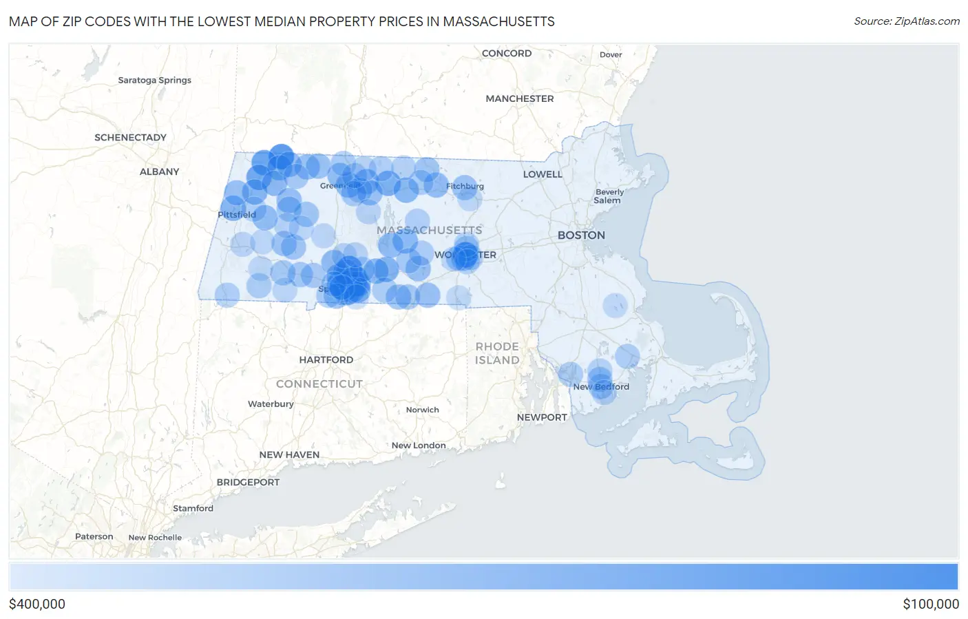Zip Codes with the Lowest Median Property Prices in Massachusetts Map