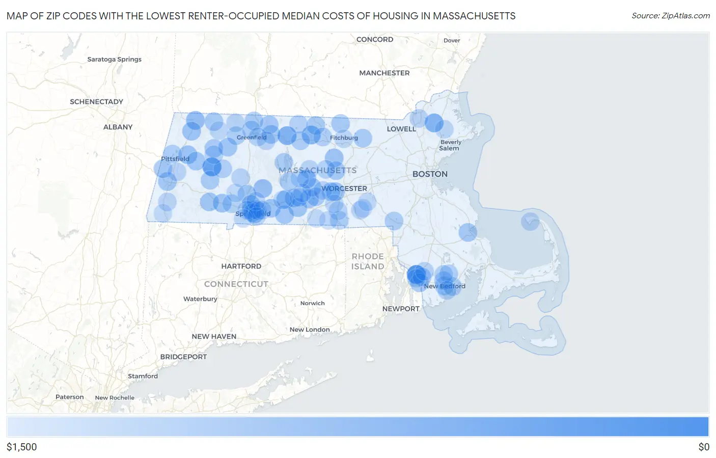 Zip Codes with the Lowest Renter-Occupied Median Costs of Housing in Massachusetts Map