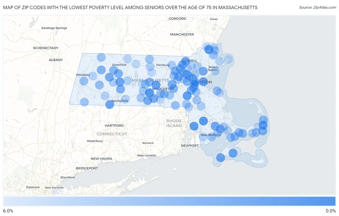 Zip Codes with the Lowest Poverty Level Among Seniors Over the Age of 75 in Massachusetts Map