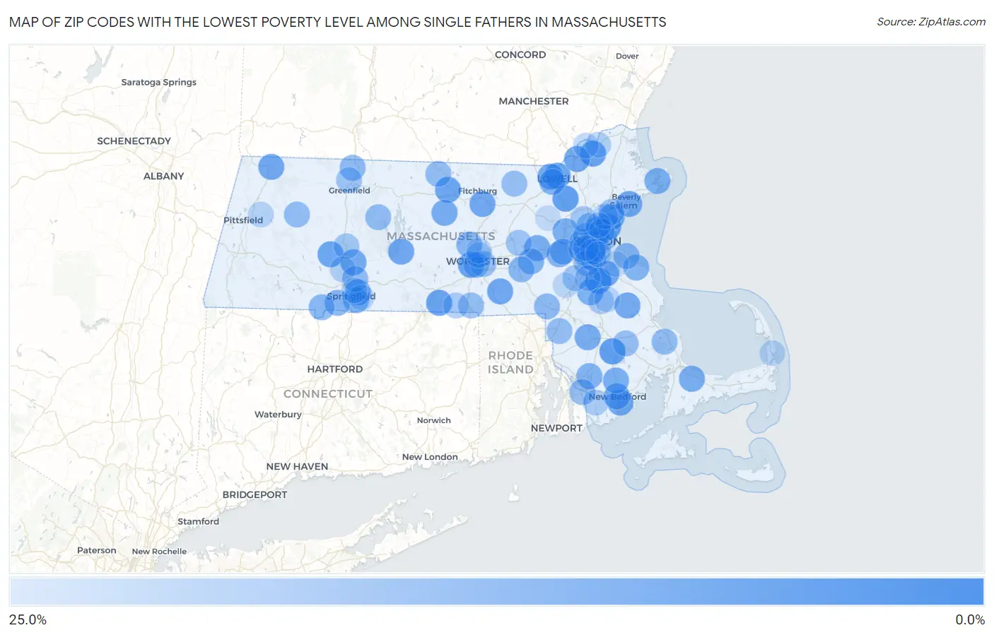 Zip Codes with the Lowest Poverty Level Among Single Fathers in Massachusetts Map