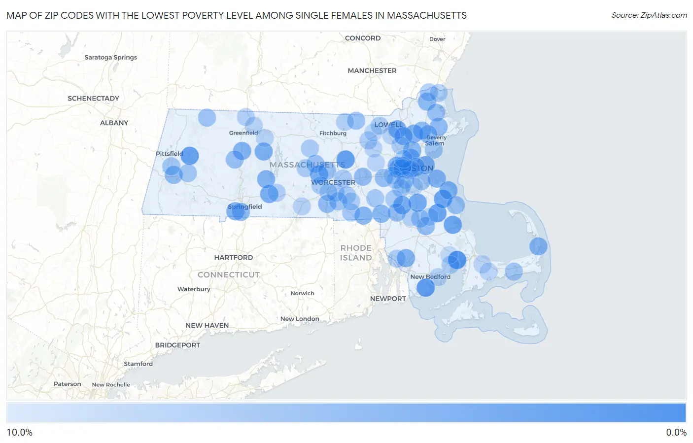Zip Codes with the Lowest Poverty Level Among Single Females in Massachusetts Map