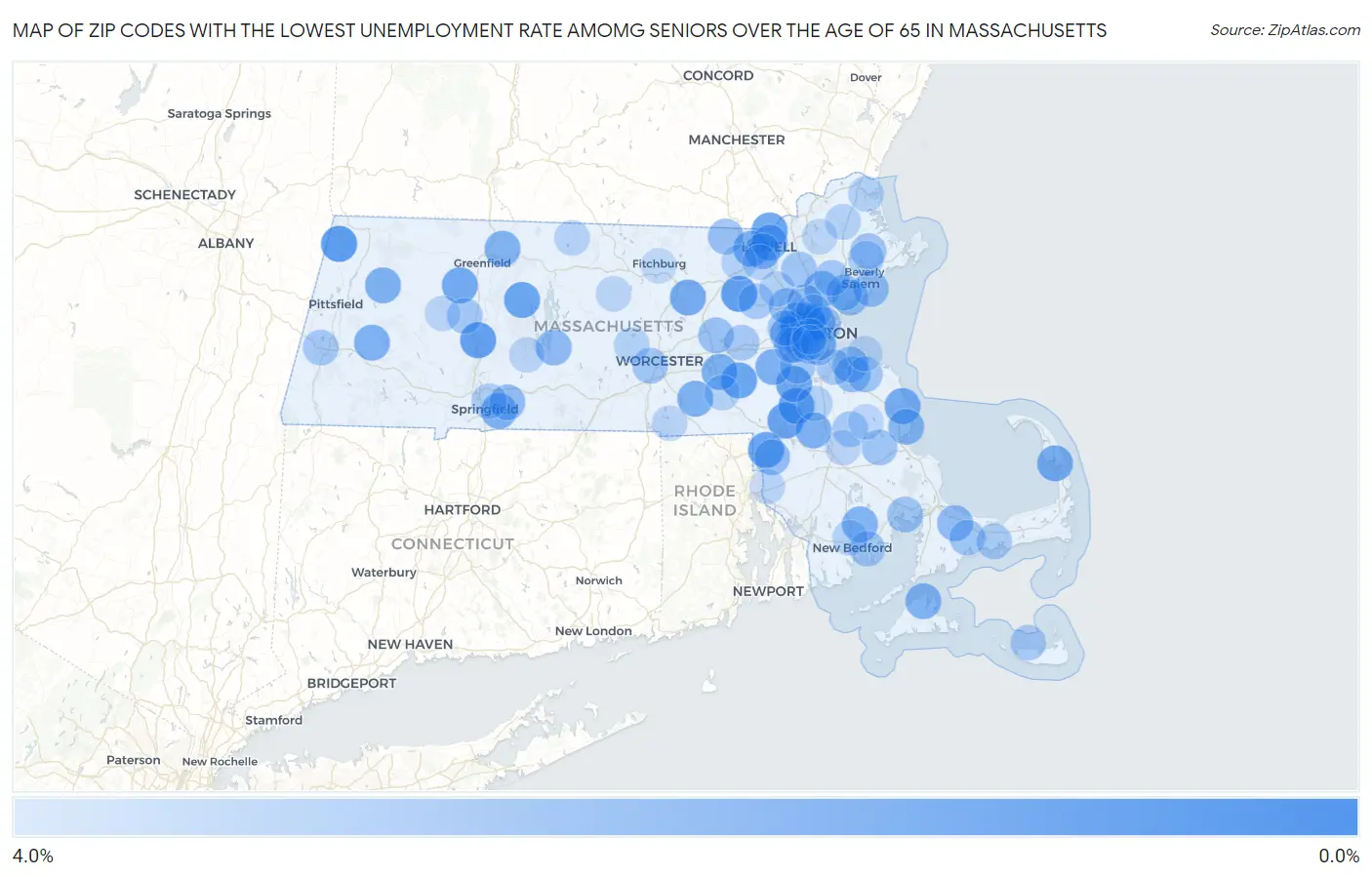 Zip Codes with the Lowest Unemployment Rate Amomg Seniors Over the Age of 65 in Massachusetts Map