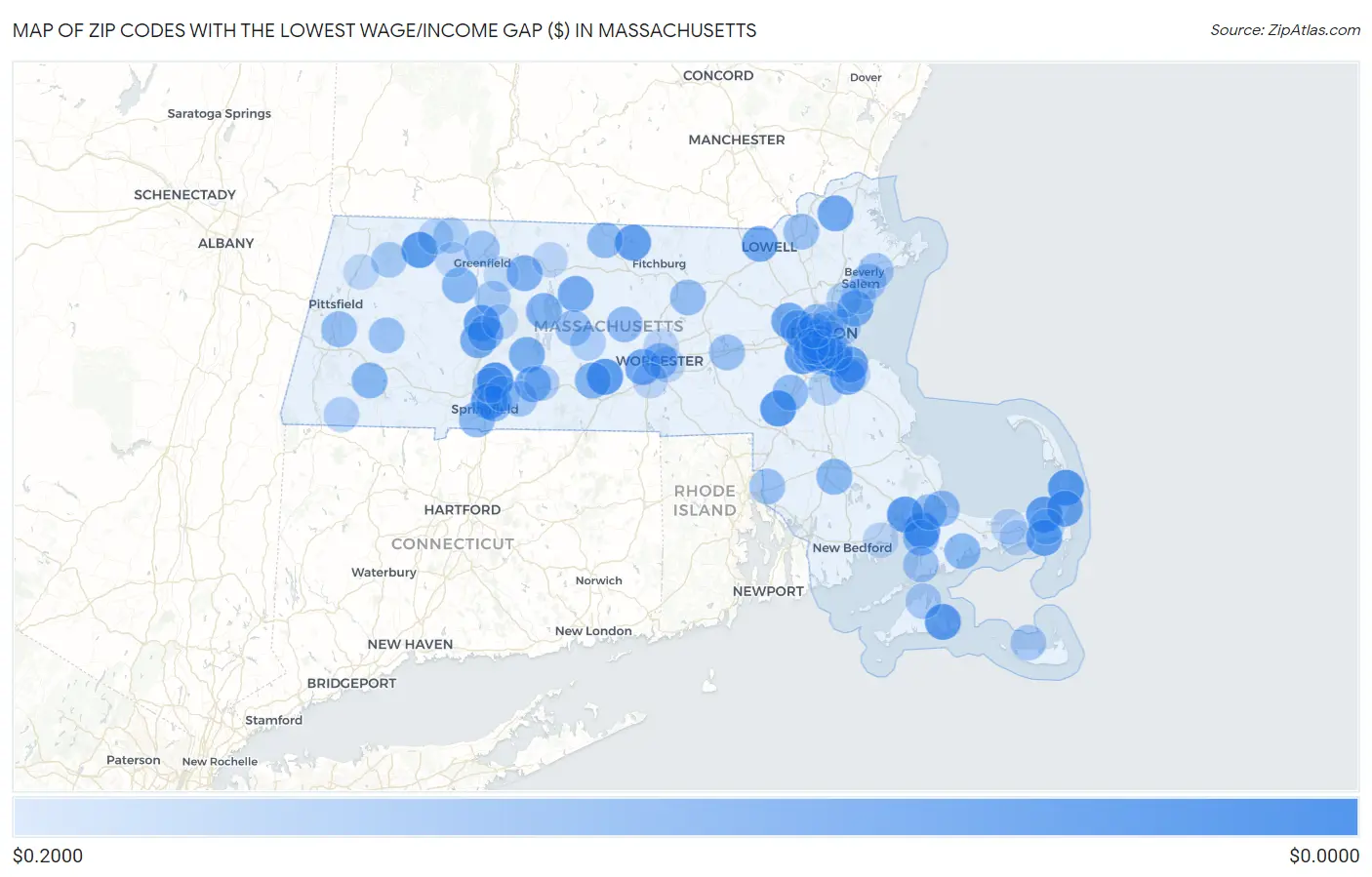 Zip Codes with the Lowest Wage/Income Gap ($) in Massachusetts Map